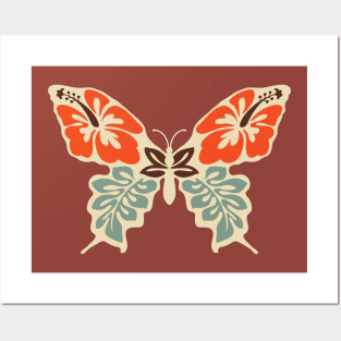 Butterfly 70s Floral Ibiscus Retro Old School Posters and Art